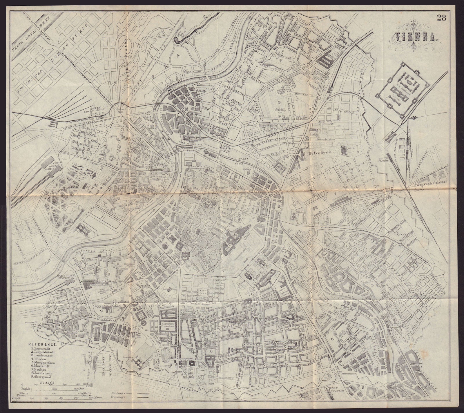 VIENNA WIEN antique town plan city map. Austria. BRADSHAW 1893 old